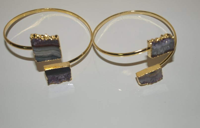 Stones from Uruguay - Double Amethyst Rectangle Slice Bracelet, Gold Electroplated, 20mm Size