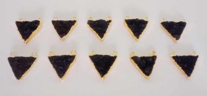 Stones from Uruguay - Natural Black Druzy Triangle Connector,Gold Electroplated, 20mm size