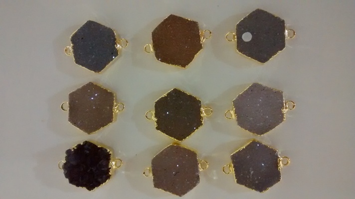 Stones from Uruguay - Druzy Hexagon Connectors,Gold Electroplated, Size 25mm