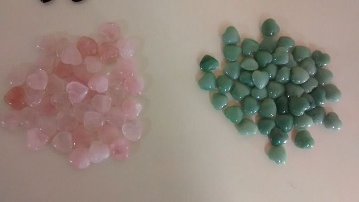 Stones from Uruguay - Lots of  Rose Quartz and Green Quartz Heart Cabochons, Top and Bottom Convex, Size 25mm