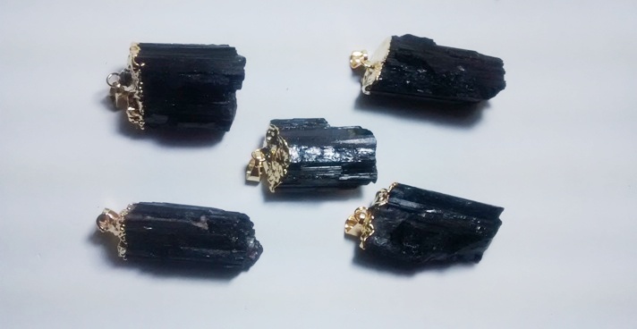 Stones from Uruguay - Rough Black Tourmaline Pendant, Gold Electroplated, 21-35mm,Quality B