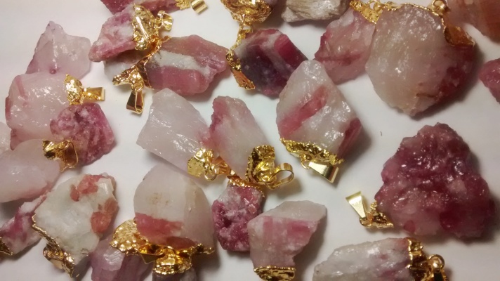 Stones from Uruguay - Gold Electroplated Pink Tourmaline Pendants on Matrix, Size 21-35mm