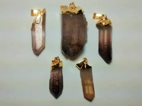 Stones from Uruguay - Quartz Point Pendants with Lepidocrocite Inclusion, Gold Plated
