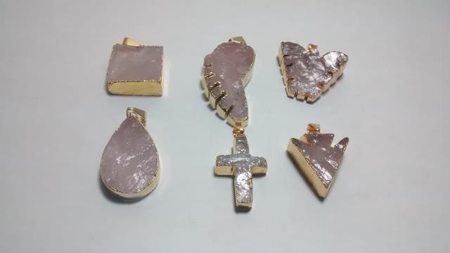 Stones from Uruguay - Rough Rose Quartzo Pendants, Gold Electroplated