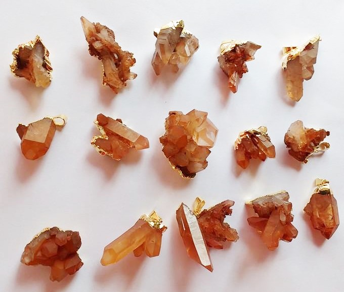 Stones from Uruguay - Tangerine Quartz Crystal Cluster Pendants, Gold Plated