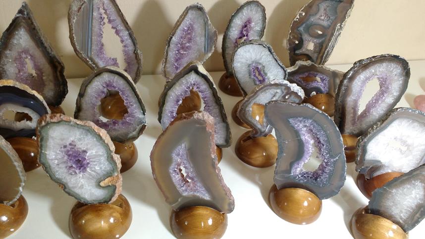 Stones from Uruguay - Polished Amethyst Geode Slice with Wood Base