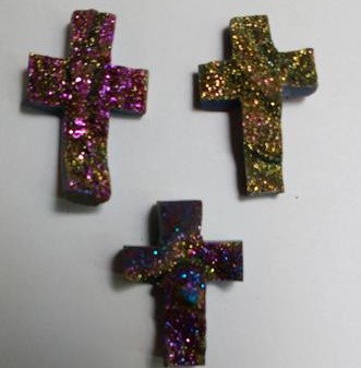 Stones from Uruguay - Pink Rainbow Aura Titanium Chalcedony Druzy Crucifix