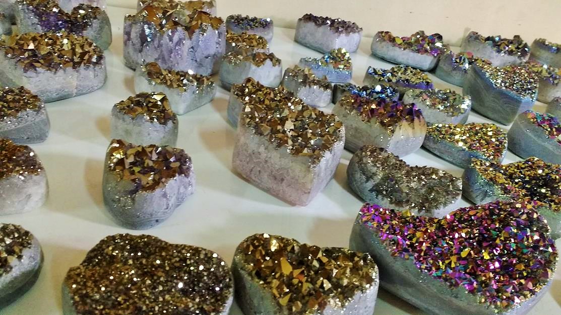 Stones from Uruguay - Titanium Amethyst Quartz Crystal Hearts, Aura Druzy Crystal Carved Hearts, Coated Cluster heart gifts