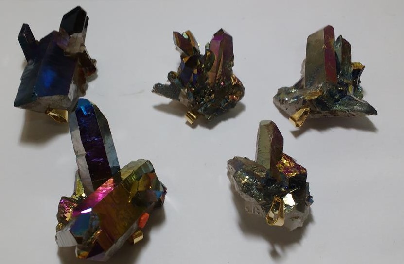 Stones from Uruguay - Rainbow Aura Quartz Crystal Cluster Pendant with Hole and Bail