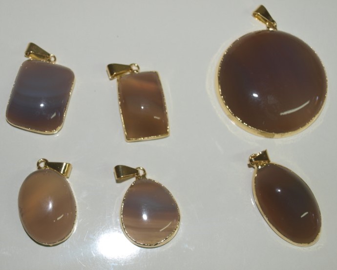 Stones from Uruguay - Natural Grey Agate Cabochon Pendants, Gold Plated