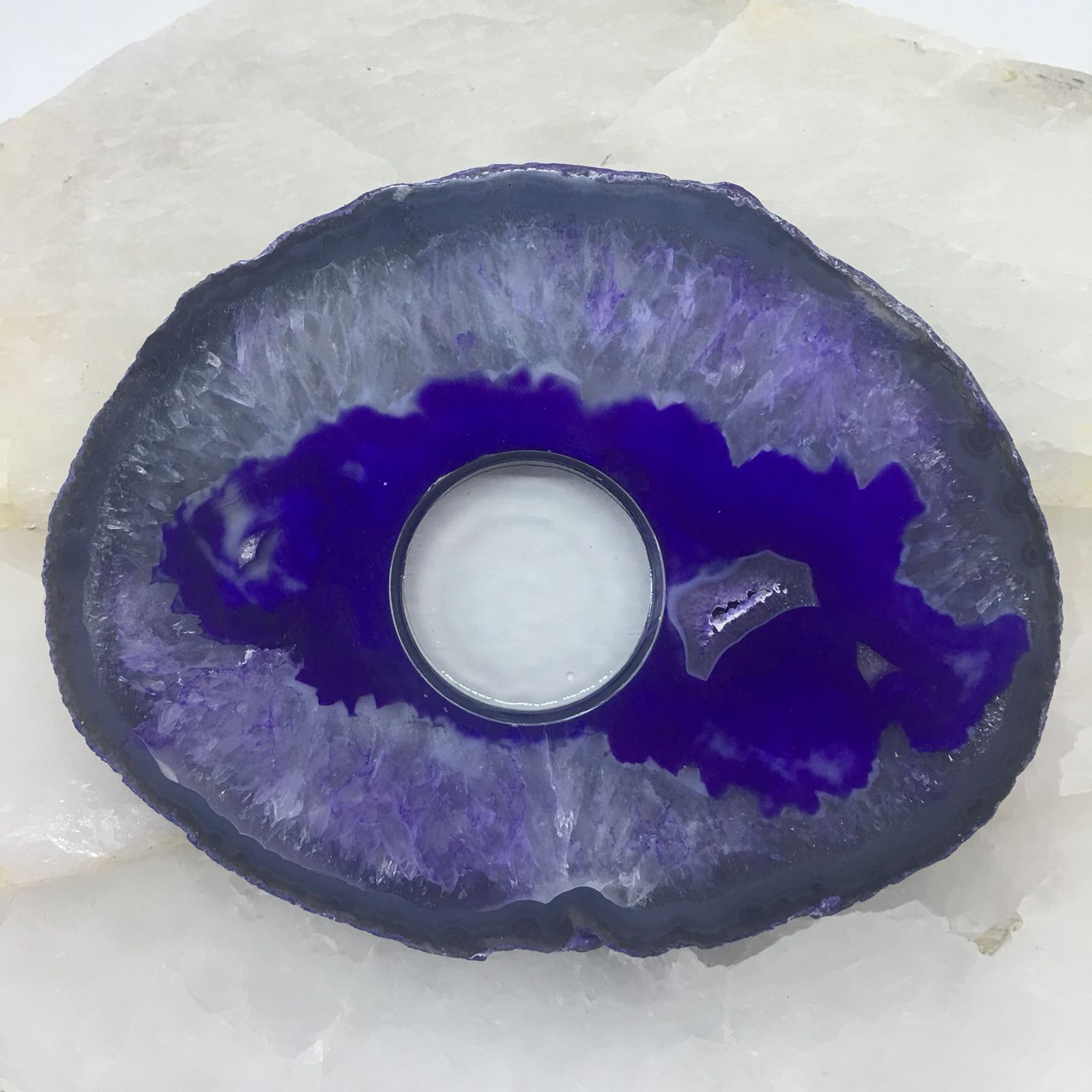 Stones from Uruguay - Purple Dyed Agate Geode Slice Tea Light Candle Holder