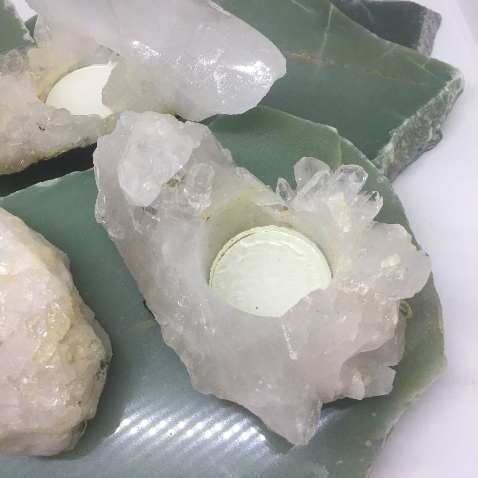 Stones from Uruguay - Clear Quartz Tea Light Candle Holder Tealight  Clear Crystal  Cluster Gemstones Brazil