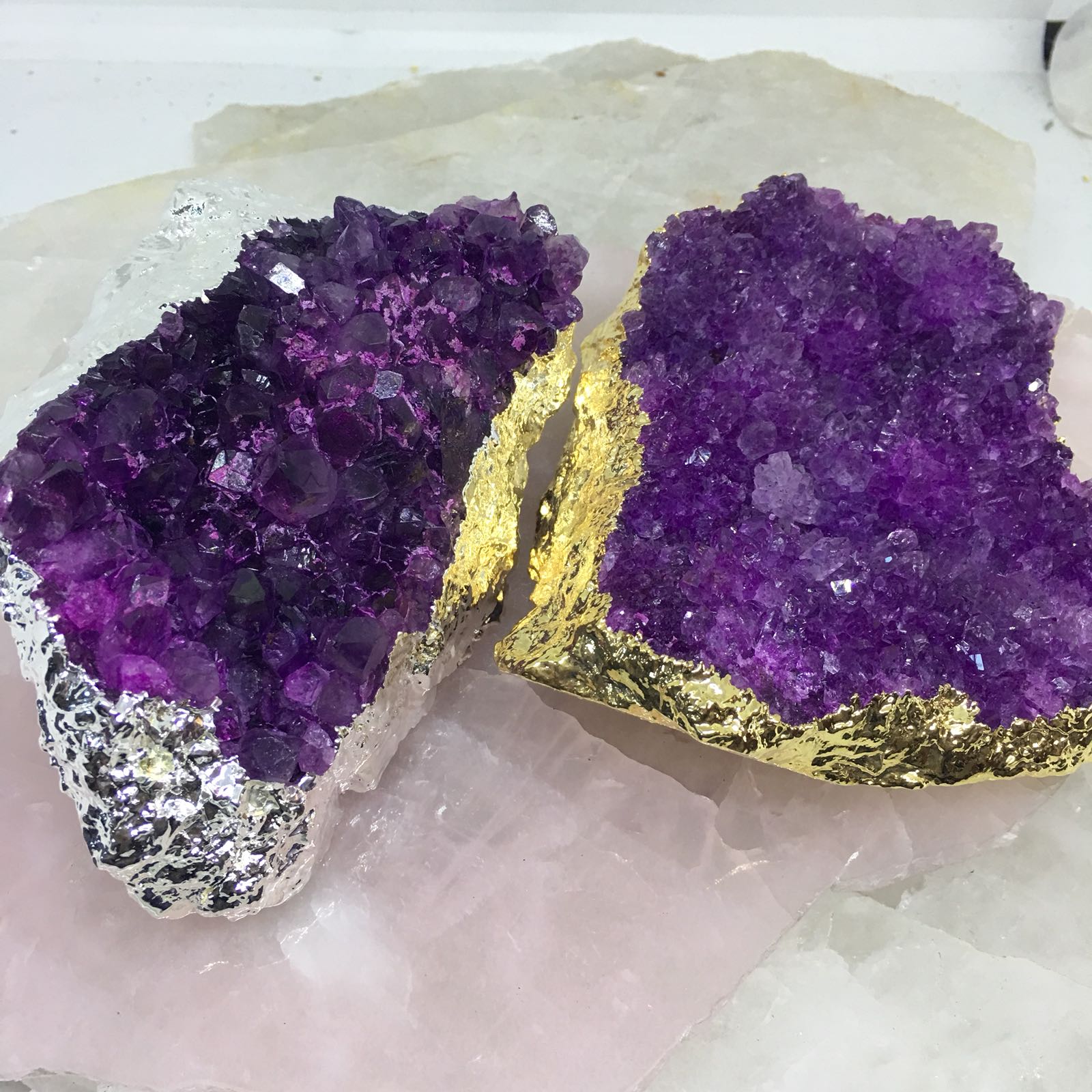 Stones from Uruguay -  Pink  Dyed Amethyst Cluster for Decor Home-Gold Plated