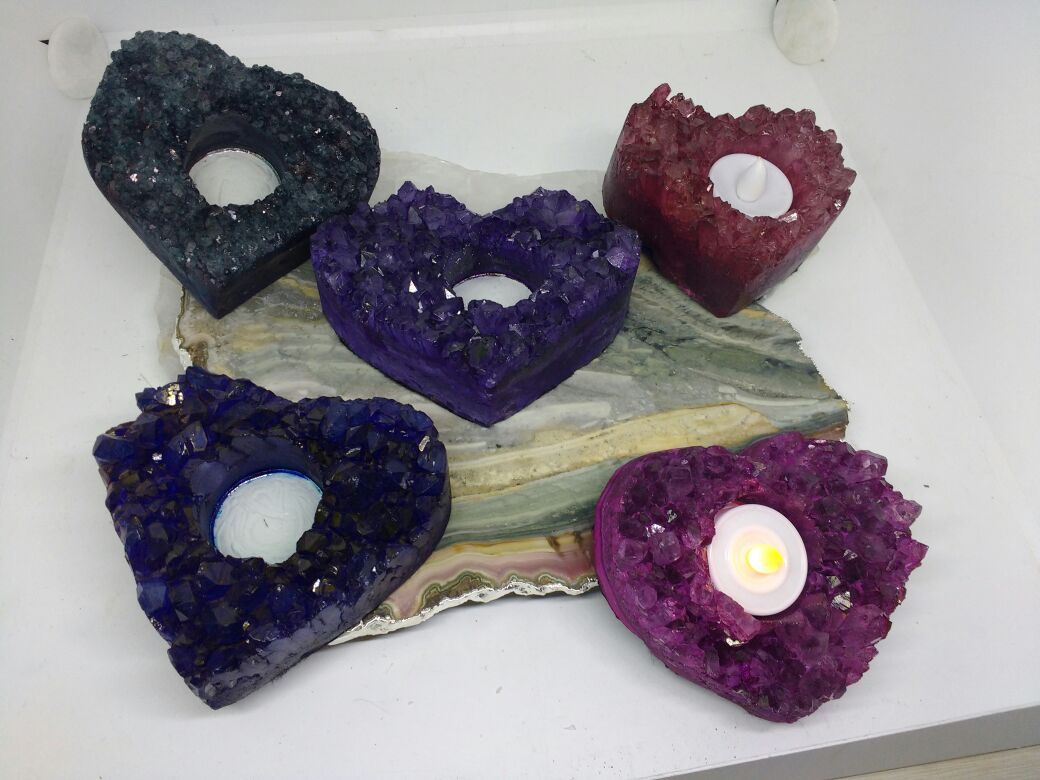 Stones from Uruguay - Colorful Amethyst Cluster Heart Candle Holder