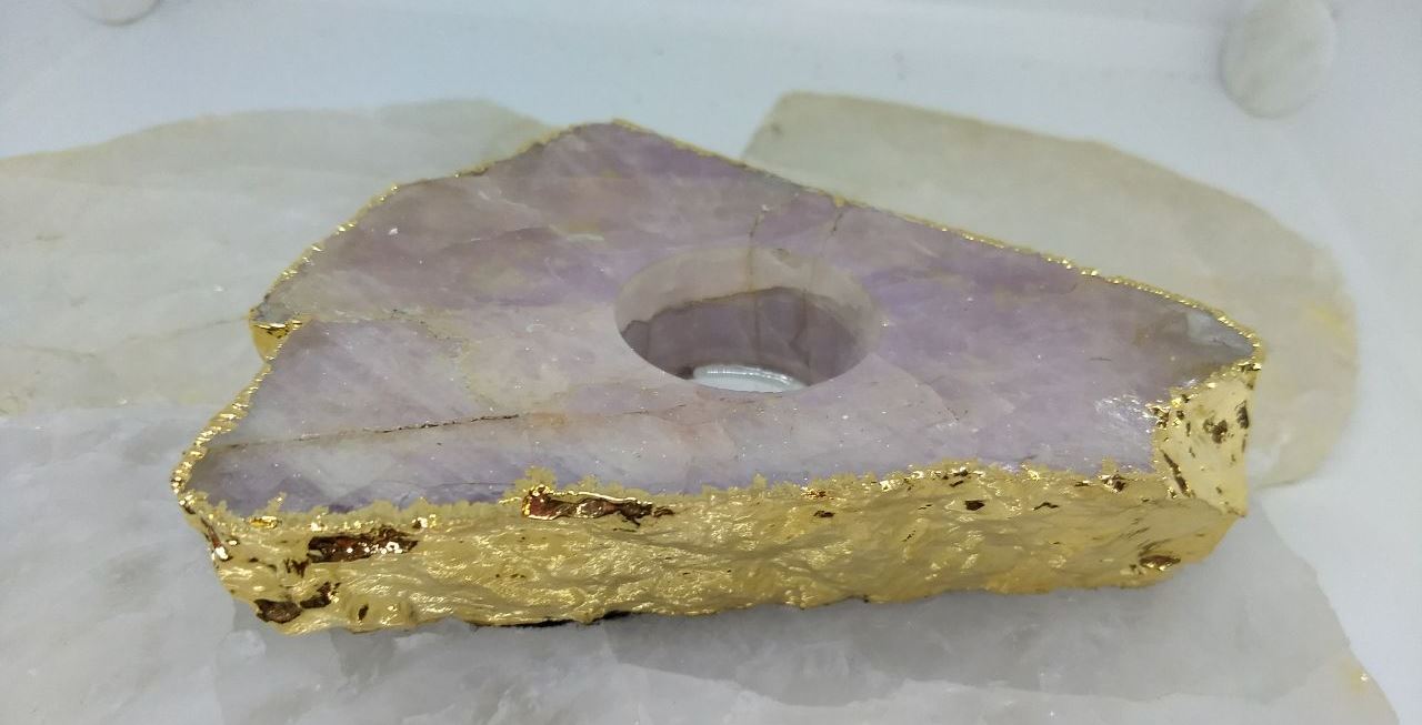 Stones from Uruguay - Angel Aura Titanium Coated Rose Quartz Slice Candle Holder - Gold Plated- Home Decor