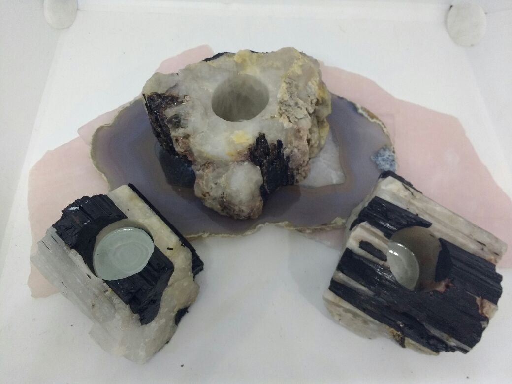 Stones from Uruguay - Black Tourmaline Candle Holder on a Quartz Matrix- Black Tourmaline Candle Holder Tealight in Matrix