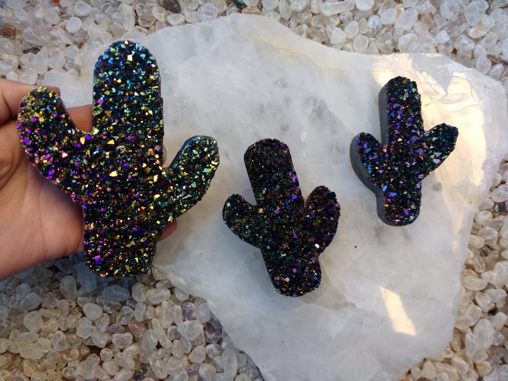 Stones from Uruguay - Rainbow Aura Titanium Treated Druzy Cactus for Home,Gift or Office