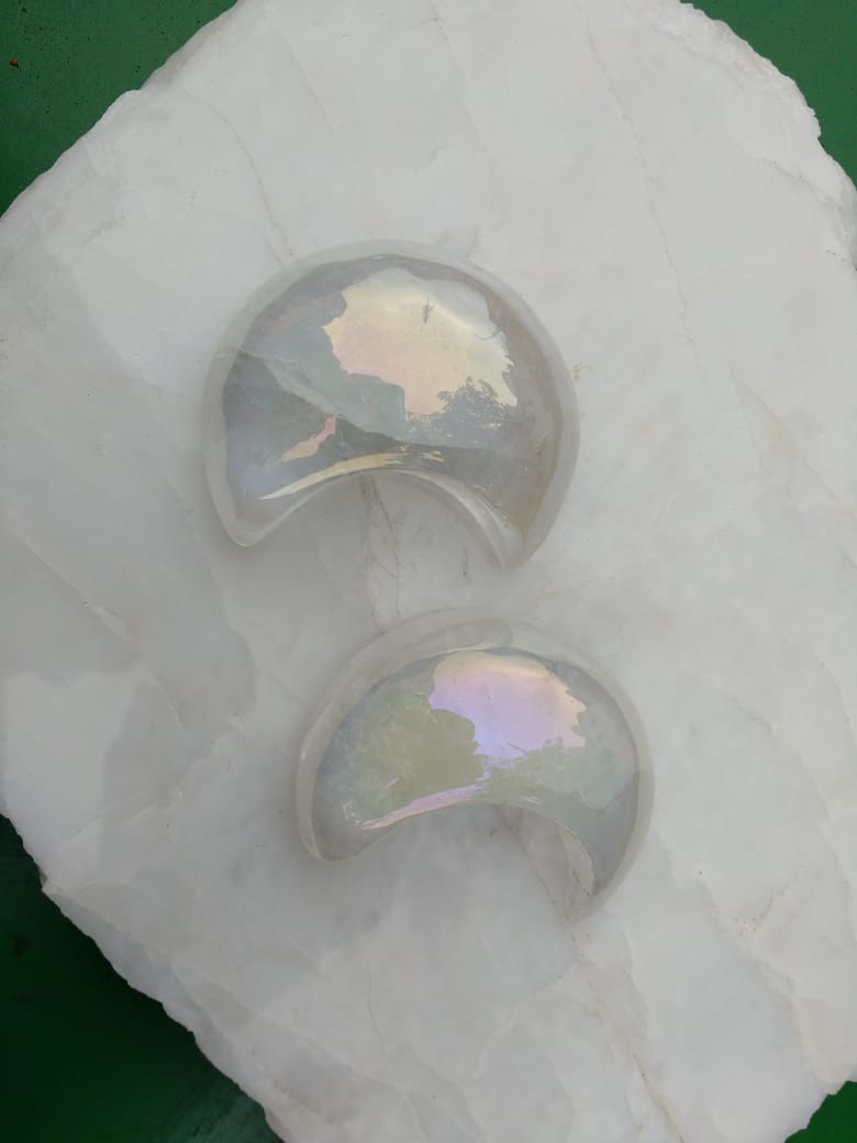 Stones from Uruguay - Angel Aura Titanium Coated Clear Quartz Crystal Moon Crecent  Cabochon for Decoration, Enhance Mental Function and Concentration