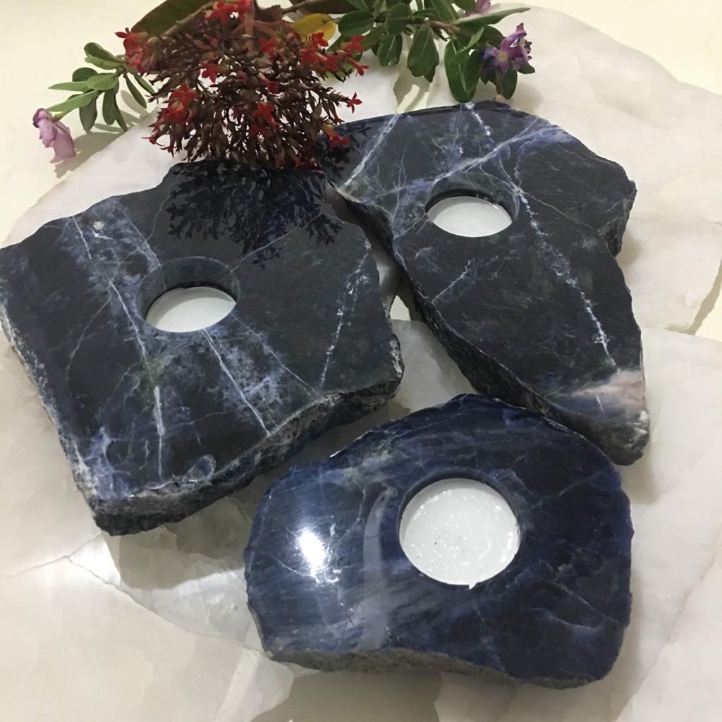 Stones from Uruguay -  Sodalite Slab Candle Holder - Sodalite Candle Tea Light Slice for Gipsy Decor, Feng Shui 
