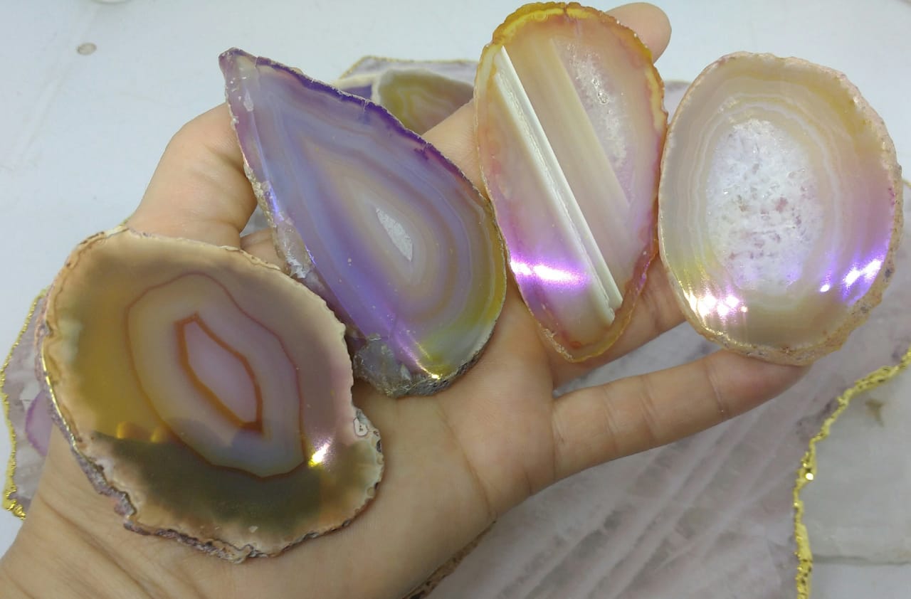 Stones from Uruguay - Angel Flame Aura Agate Slices - Angel  Royal Aura Agate Slices -  Titanium Aura Coated Agate Slices - Angel Aura Titanium Treated Natural Agate Slices