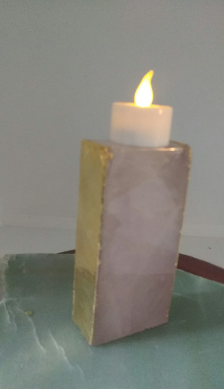 Stones from Uruguay - Skinny  Rose Quartz Candle Holder with Gold Plated (top and two polished  sides)