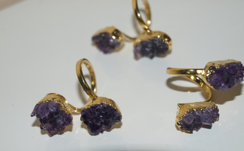 Stones from Uruguay - Double Amethyst Druzy Ring with Gold Plating