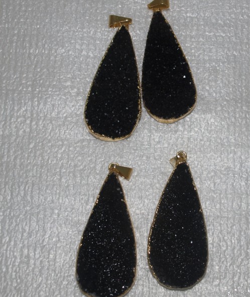 Stones from Uruguay - Natural Black Druzy Teardrop Pair with Gold Plated (40mm)