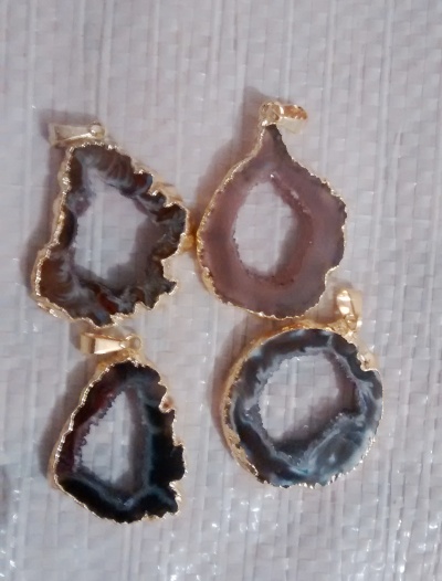 Stones from Uruguay - Agate Geode Slice Pendants with Gold Plating
