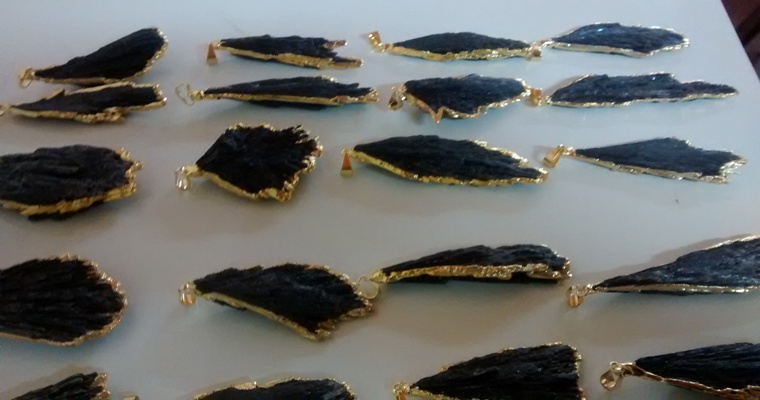 Stones from Uruguay - Black Kyanite Pendants, Gold Electroplated, Quality A