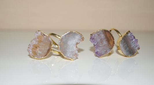 Stones from Uruguay - Double Amethyst Round Slice Ring with Gold Plating(20mm)