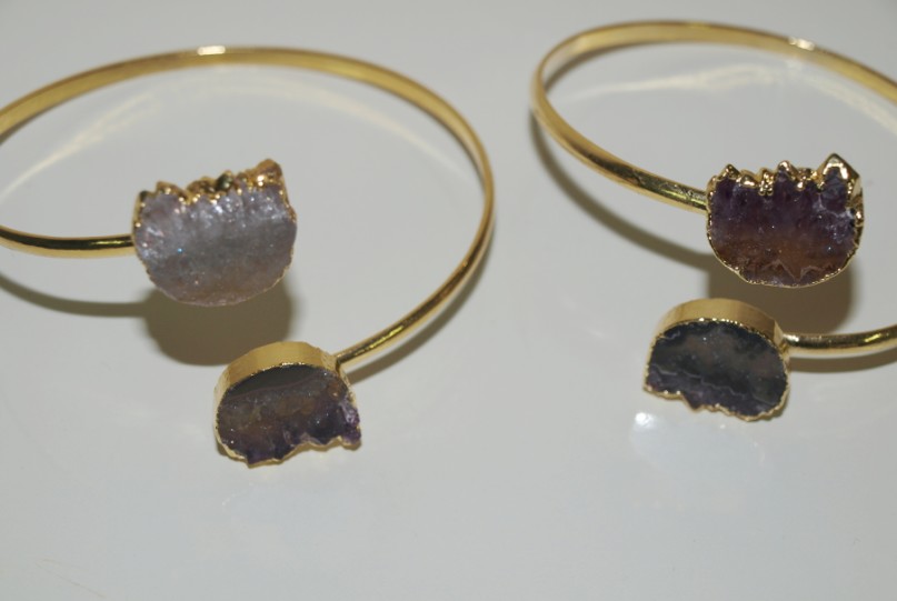 Stones from Uruguay - Double Amethyst Round Slice Bracelet,Gold Electropaled, 20mm Size