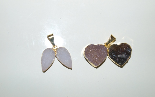 Stones from Uruguay - Double Druzy Teardrop and Double Heart Pendant with 24k Gold Electroplated Edge