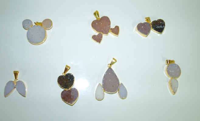 Stones from Uruguay - Double Druzy Teardrop,Double Heart Pendant, Triple Druzy Pendant with 24k Gold Electroplated Edge
