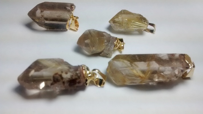 Stones from Uruguay - Rutilated Quartz Crystal Point Pendants, Gold Plated