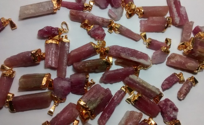 Stones from Uruguay - Rose Tourmaline Pendants, Gold Electroplated, Size 21-35mm