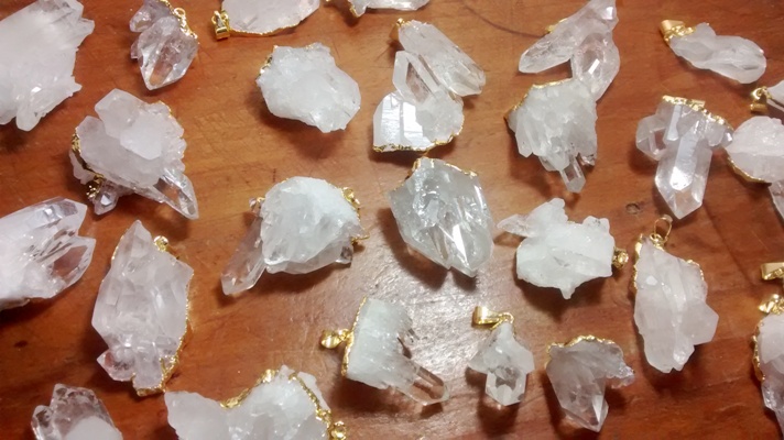 Stones from Uruguay - Clear Quartz Crystal Cluster Pendants, Gold Electroplated
