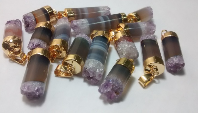 Stones from Uruguay - Polished Amethyst Cylinder Pendants, Gold Electroplated