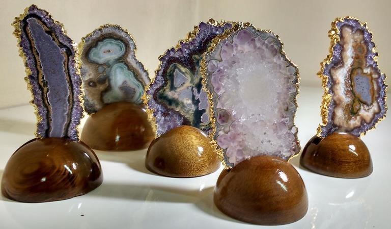 Stones from Uruguay -  Gold Plated Amethyst Stalactite Slice with Wooden Base