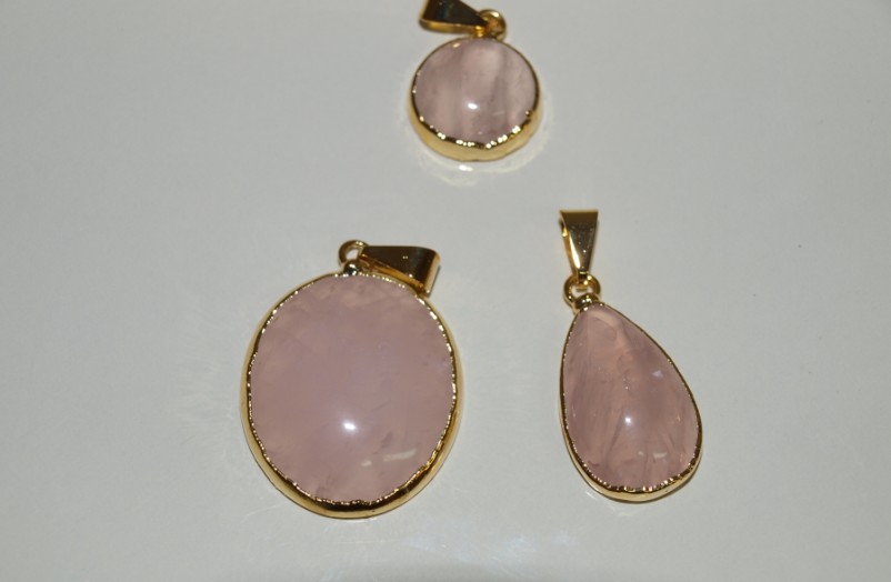 Stones from Uruguay - Rose Quartz Cabochon Pendants with Gold Plated