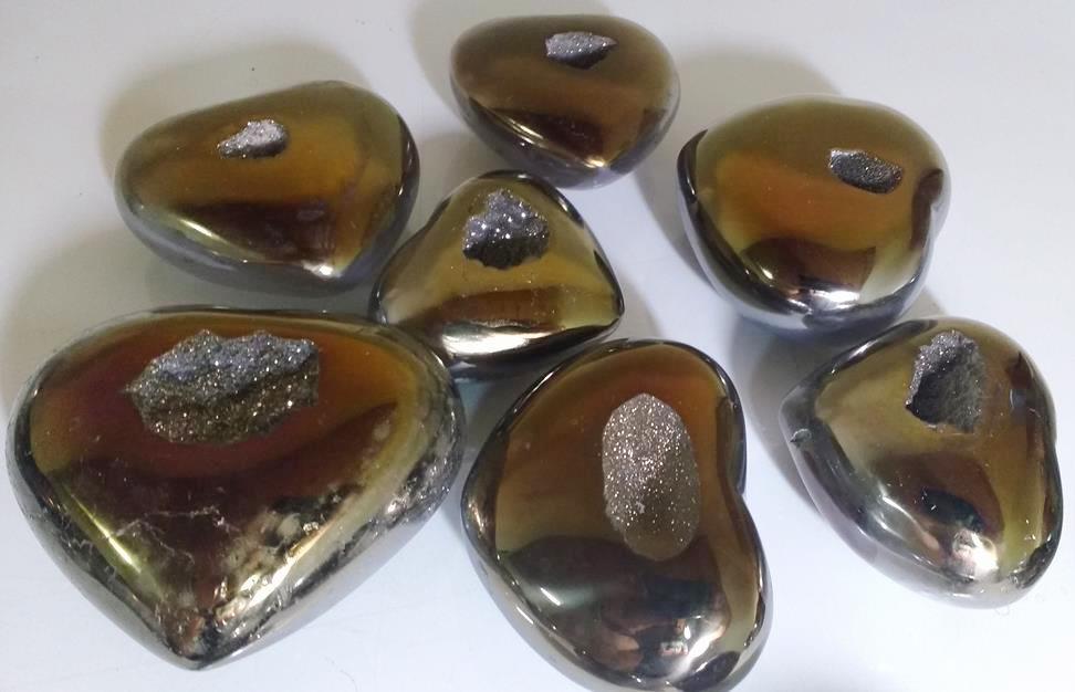 Stones from Uruguay - Old Gold Titanium Aura Agate Geode Druzy Heart