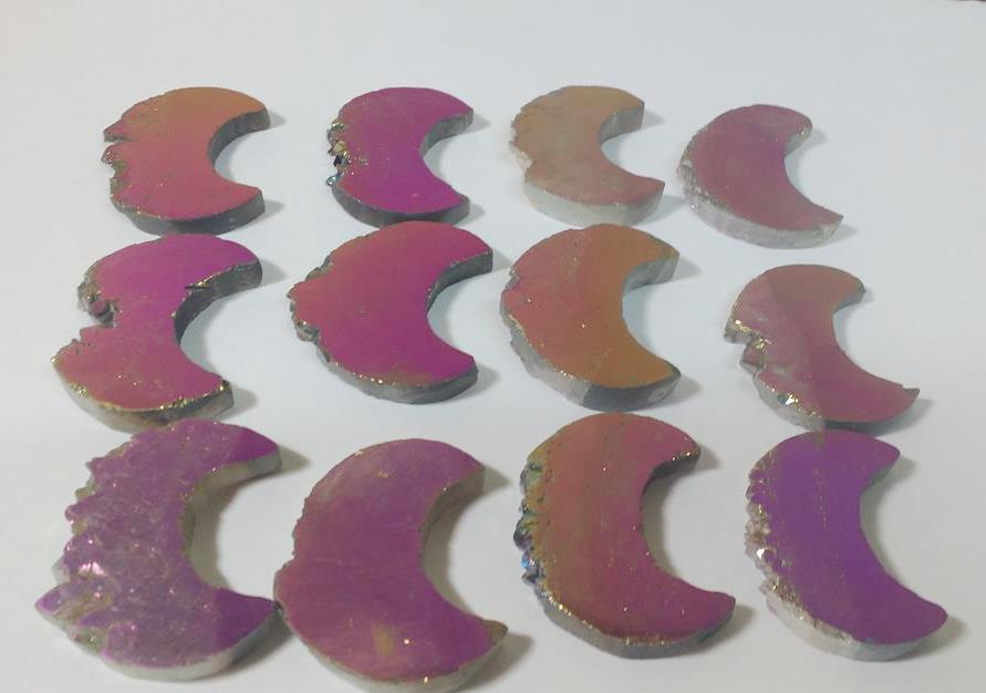 Stones from Uruguay - Pink Rainbow Aura Amethyst Half Moon Slice, 30mm