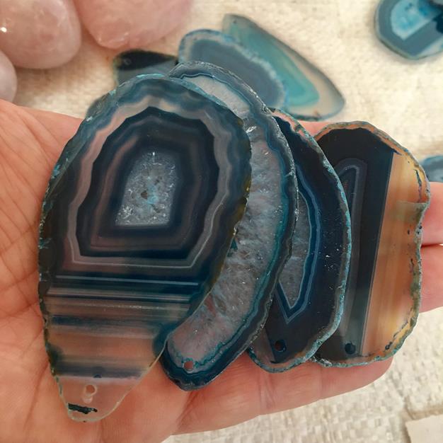 Stones from Uruguay - TEAL AGATE SLICES WITH 1 DRILLED HOLE( 1 Hole On 1 End ) Hole is a 2mm hole