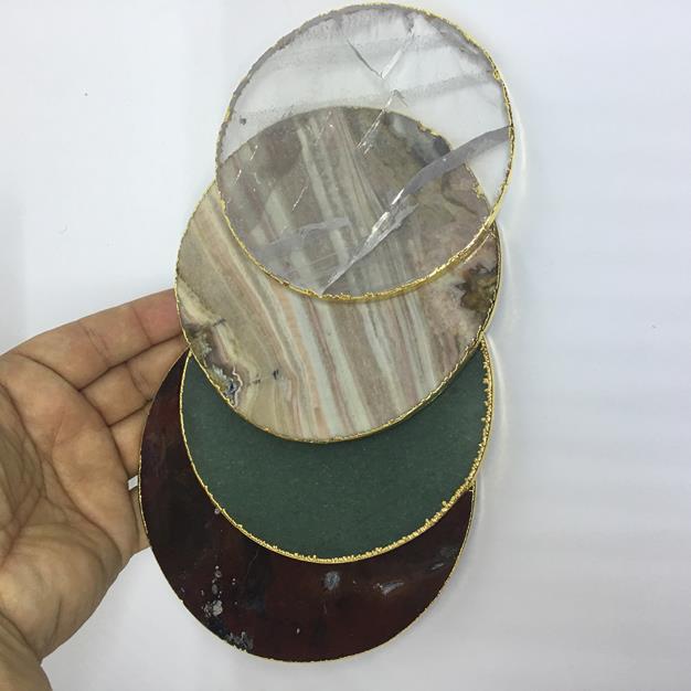 Stones from Uruguay - Gold Plated Clear Quartz Crystal Coasters, Plated Jasper Coasters, Gold Plated Green Aventurine Coasters