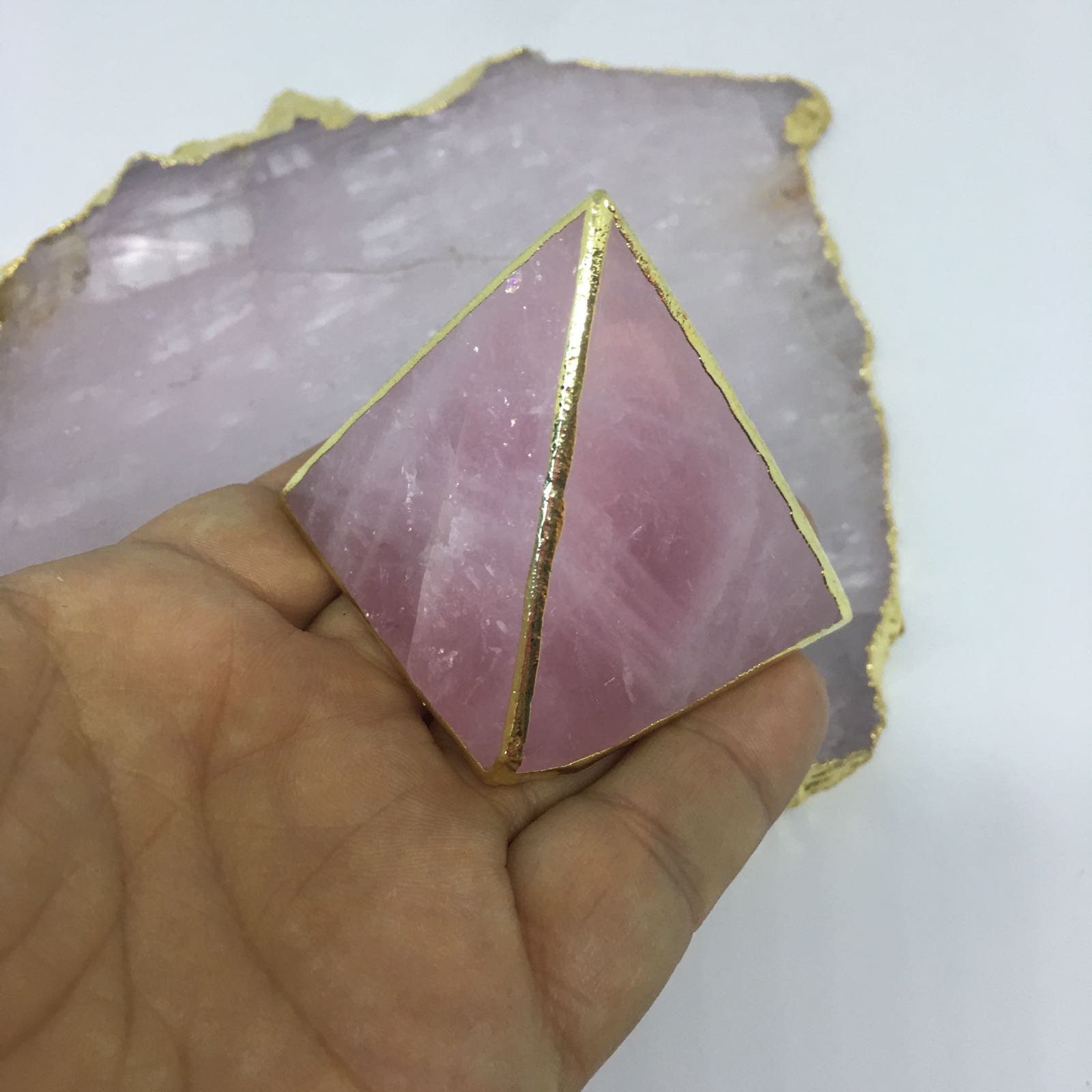 Stones from Uruguay - Gold Plated Rose Quartz Pyramid for Decoration & Home