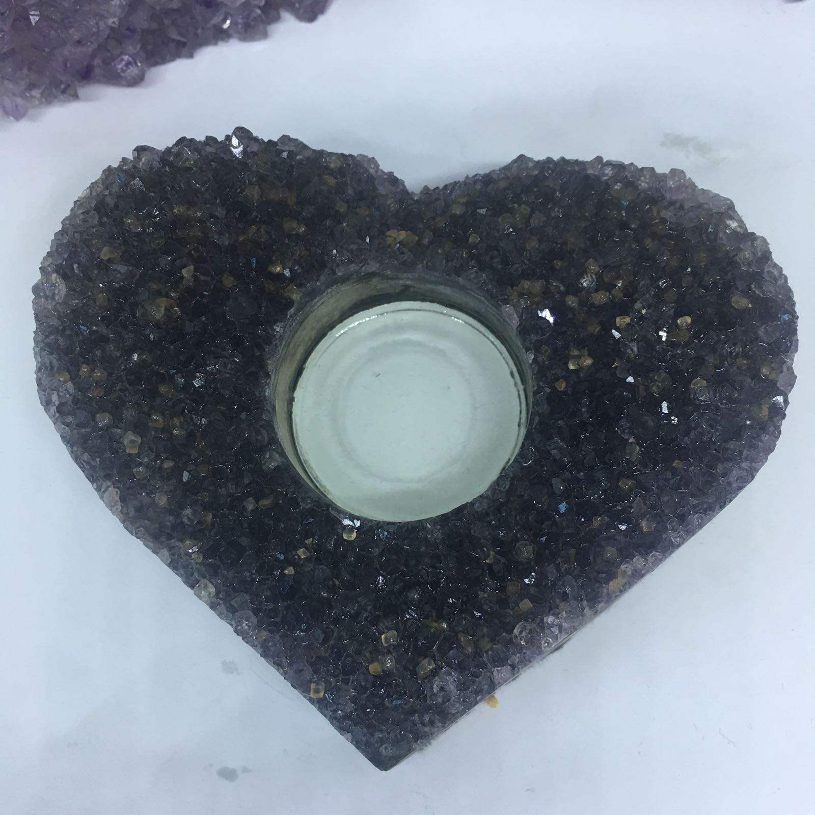 Stones from Uruguay - Amethyst  Heart Tealight Candle Holder, Purple Raw Handmade  Amethyst Druzy Crystal Cluster Heart