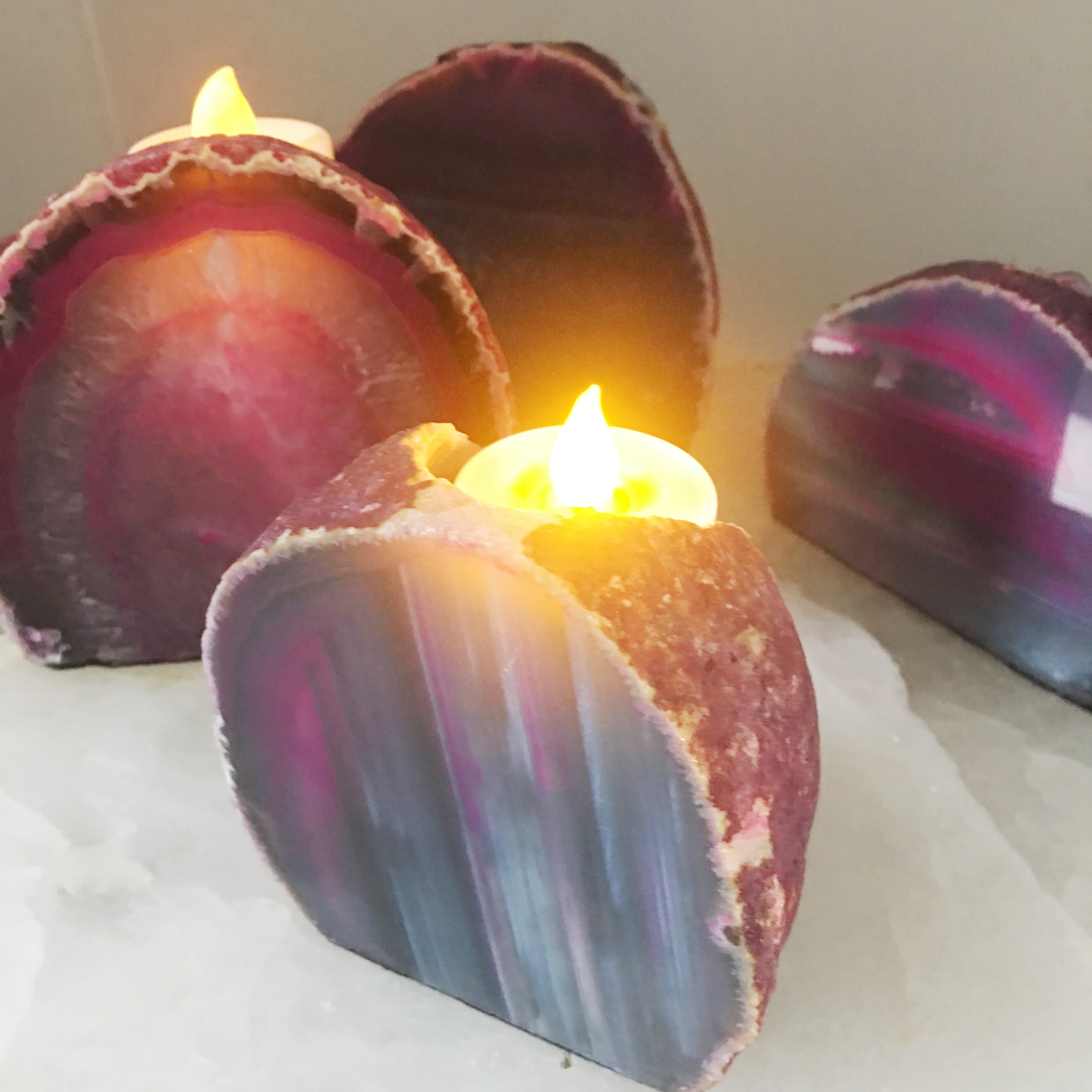 Stones from Uruguay - Cut and Flat Face Polished Pink Agate Tea Light Candle Holder 