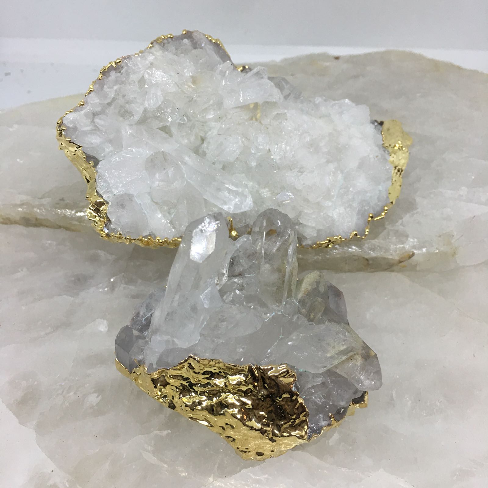 Stones from Uruguay - Clear Quartz Crystal Cluster, Gold Plated, Home Decor