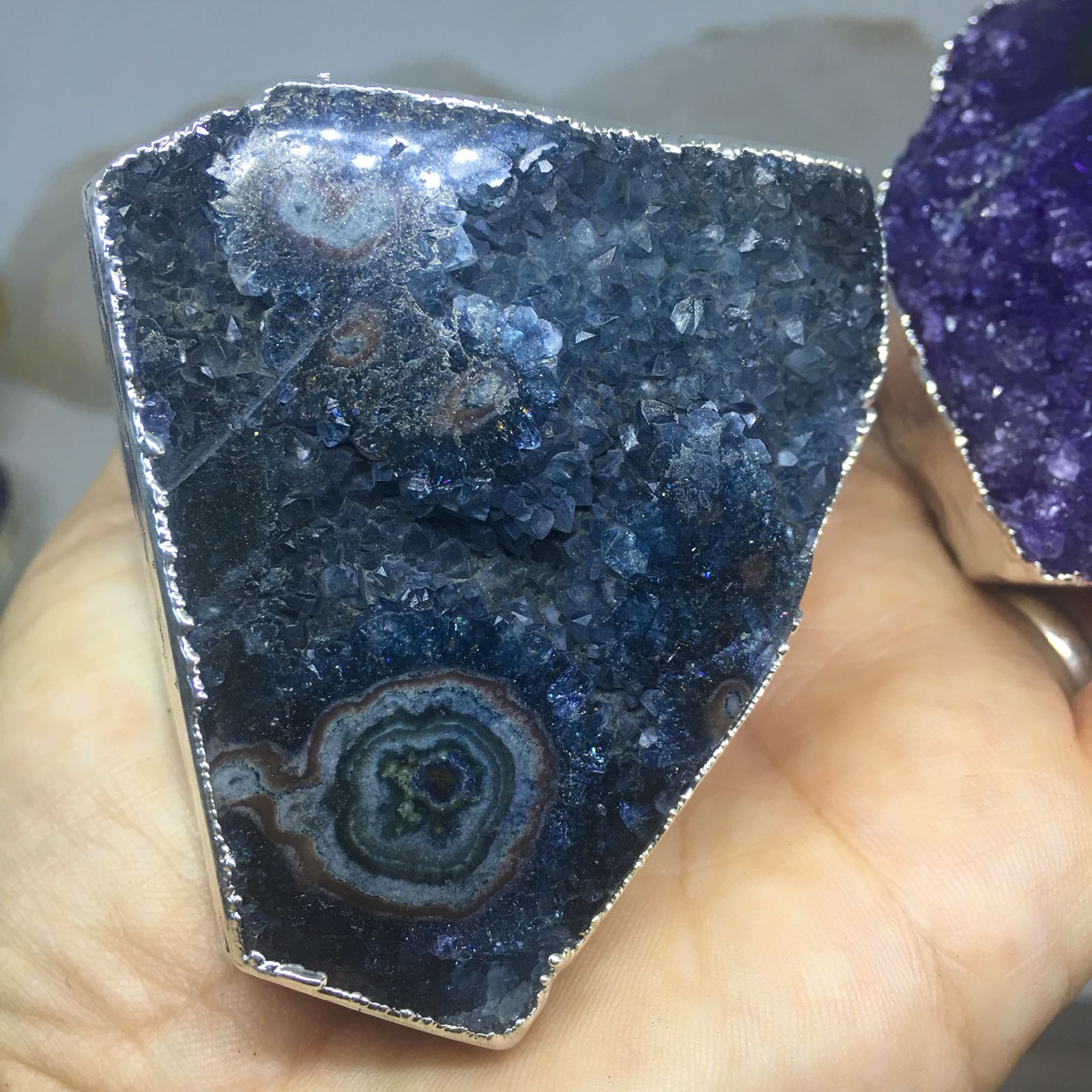 Stones from Uruguay - Teal Dyed Amethyst Stalactite Eye for Home & Decor, Silver Plated
