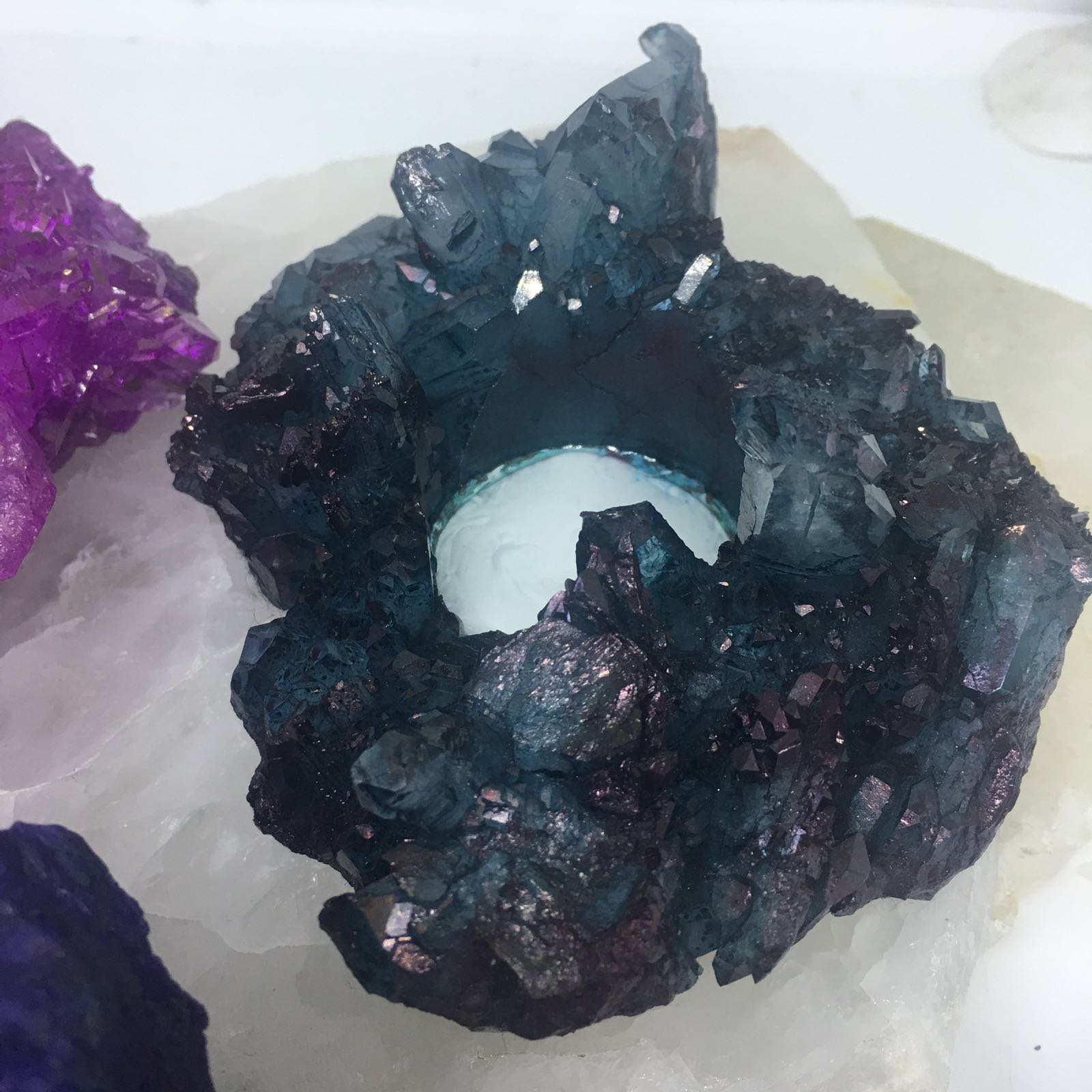 Stones from Uruguay - Teal Dyed Brazilian Quartz Cluster Candle Holder