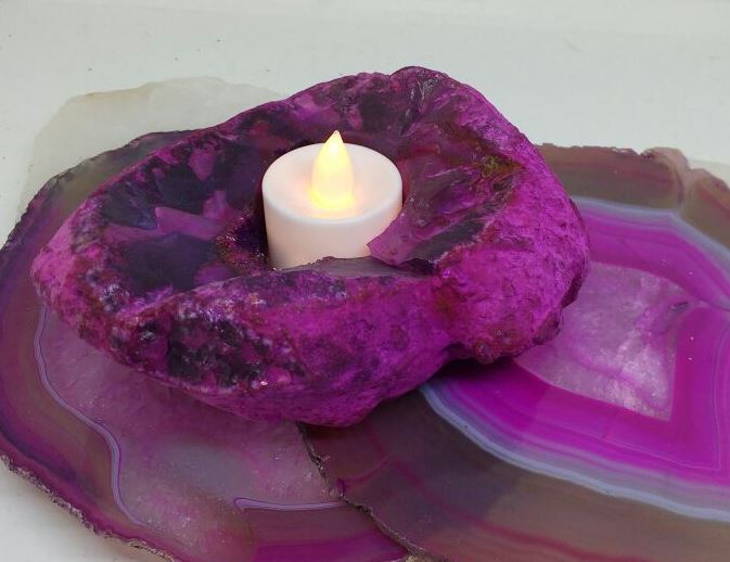 Stones from Uruguay - Pink Dyed Rough Agate Druzy Candle Holder